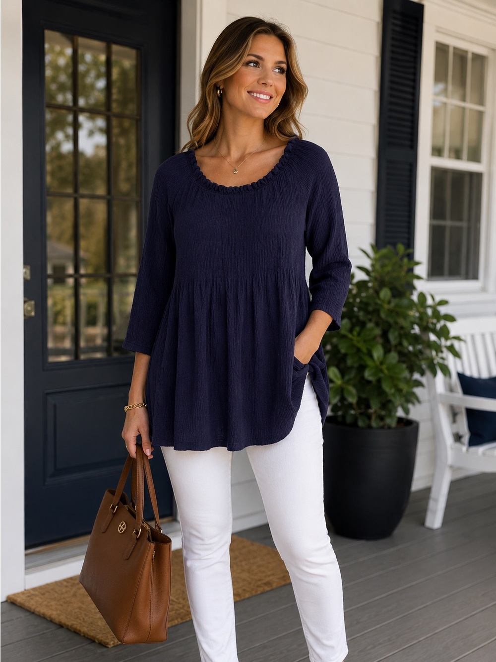 Papillon XL Navy Textured Babydoll Top | Long Sleeve | Boho Chic